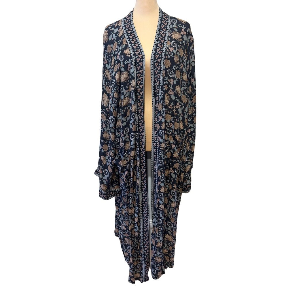 World Market L/XL Blue Floral Open Front Longline Duster Cardigan Boho Fairy